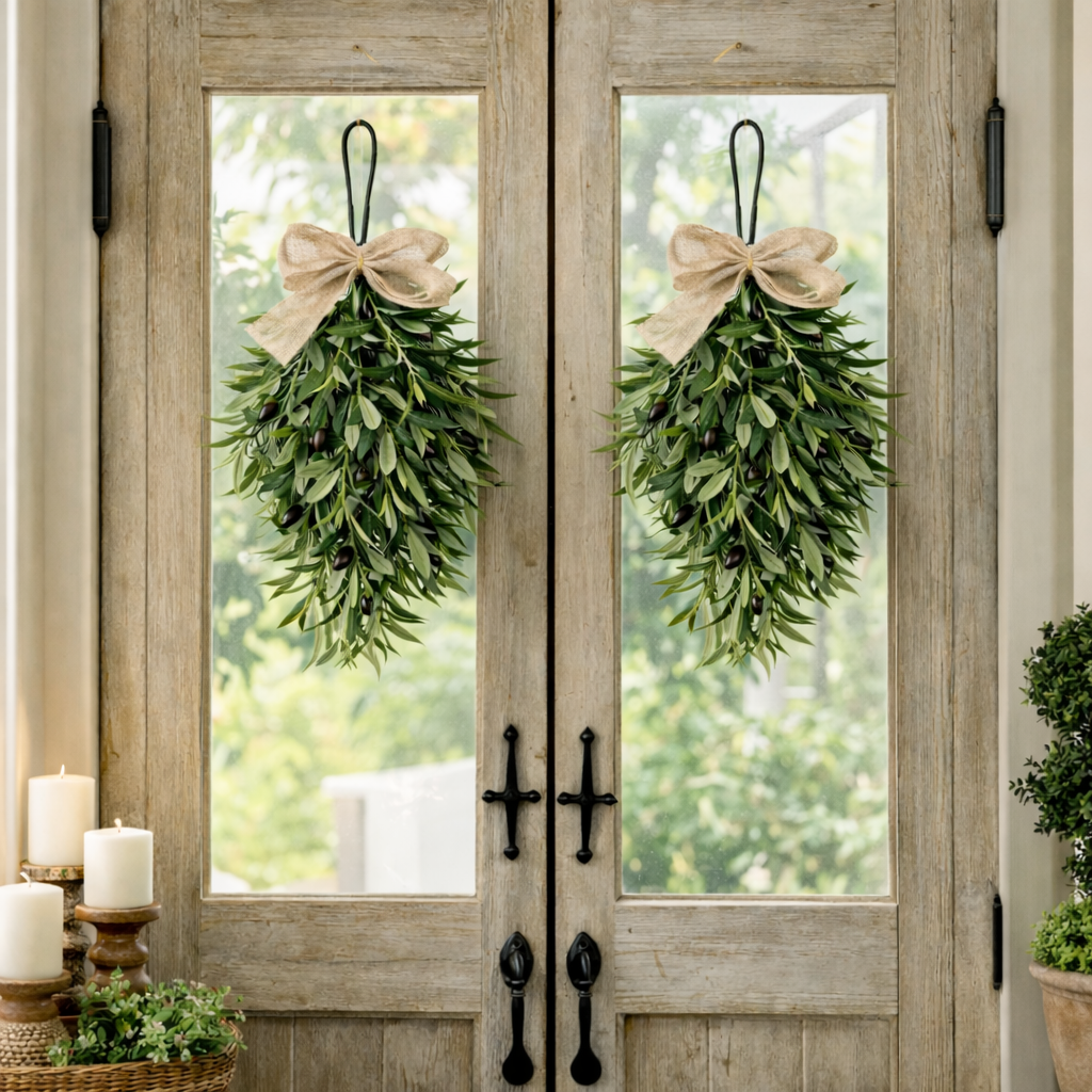 Artificial Olive Swag with Greenery Leaves and Burlap Bow