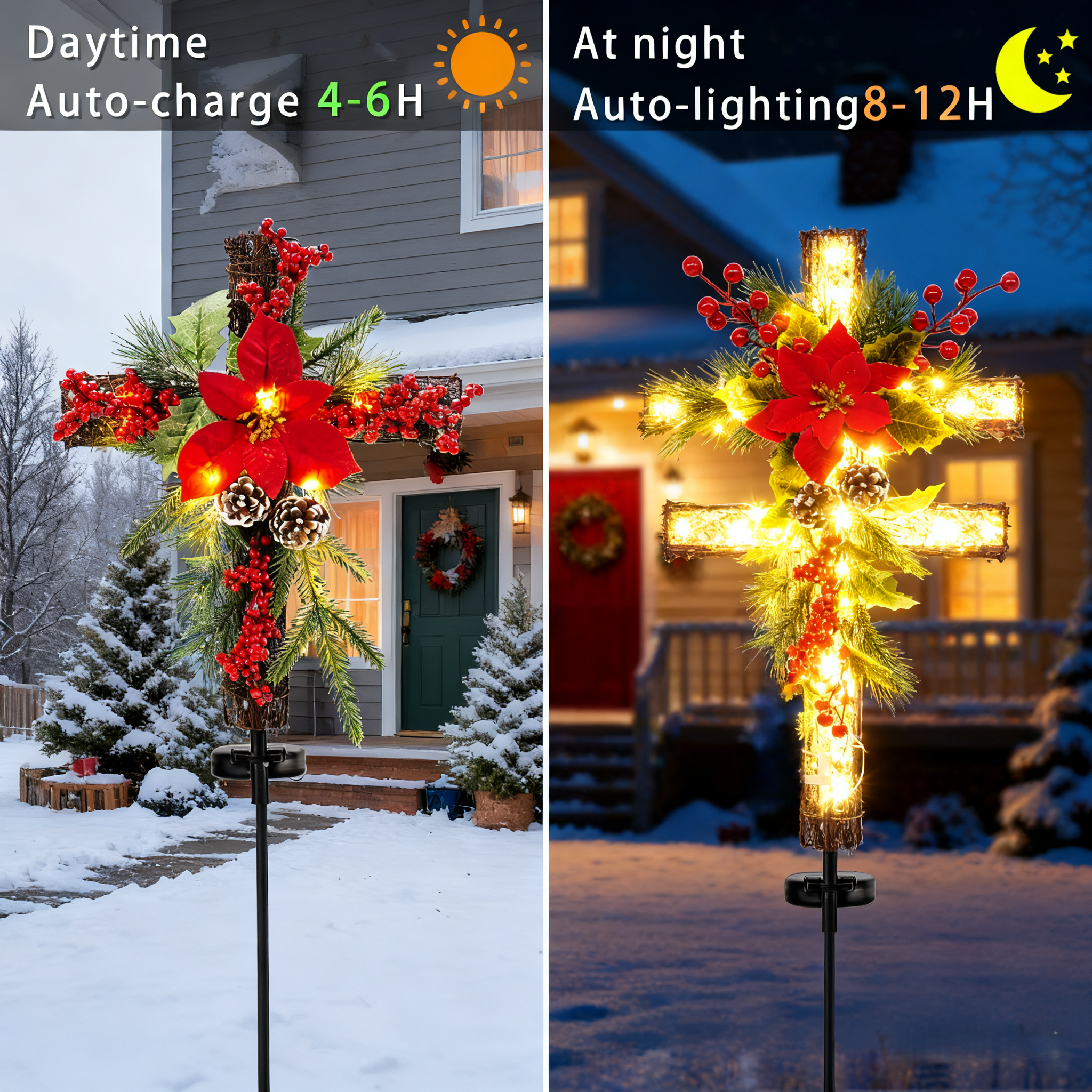 Christmas Waterproof Cross Solar Stake Decoration with Holiday Greenery & Poinsettia &  Berries