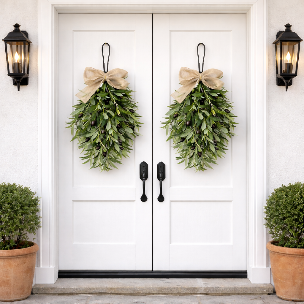 Artificial Olive Swag with Greenery Leaves and Burlap Bow