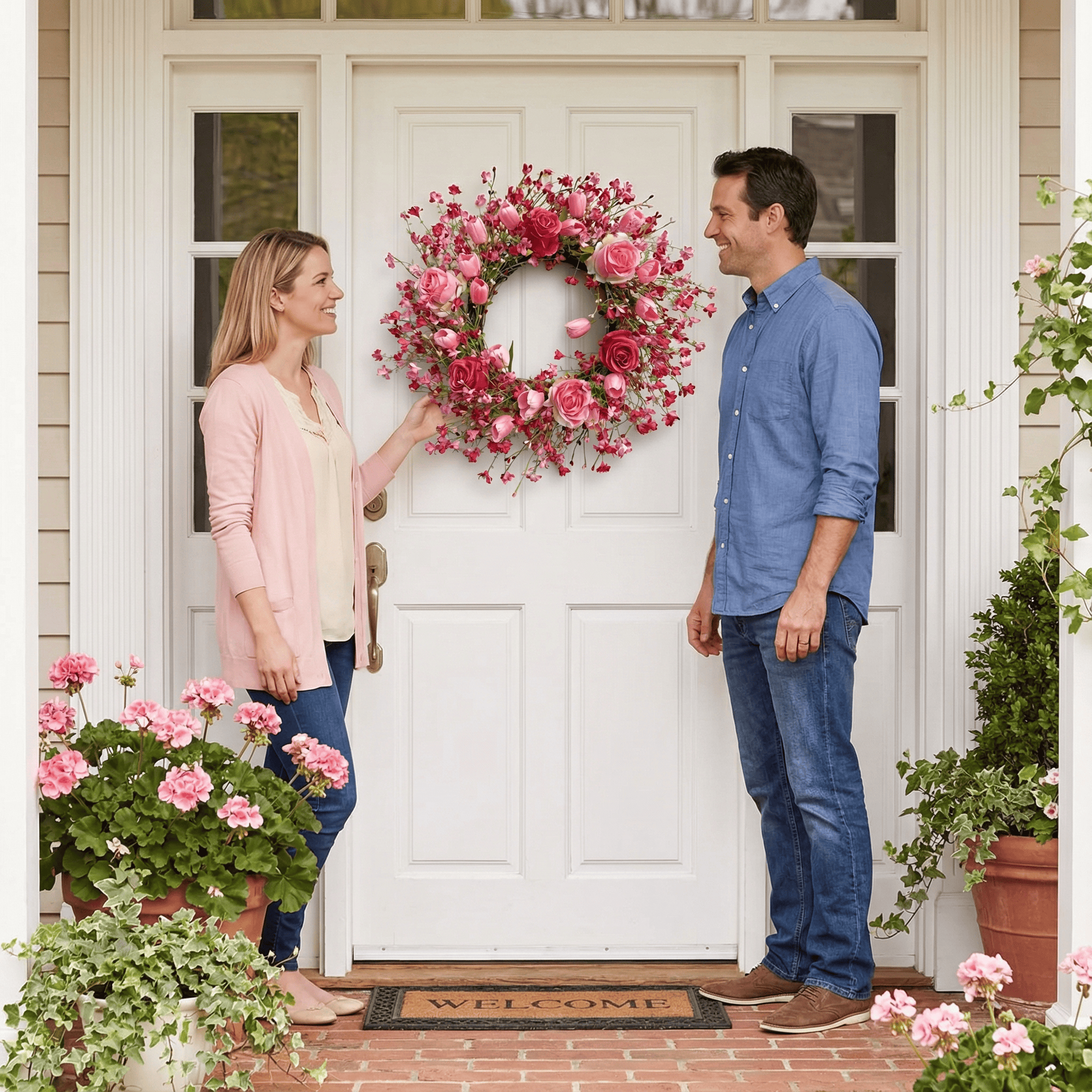 Valentine's Day Flower Wreath with Tulips & Berry for Window Porch Indoors Outside