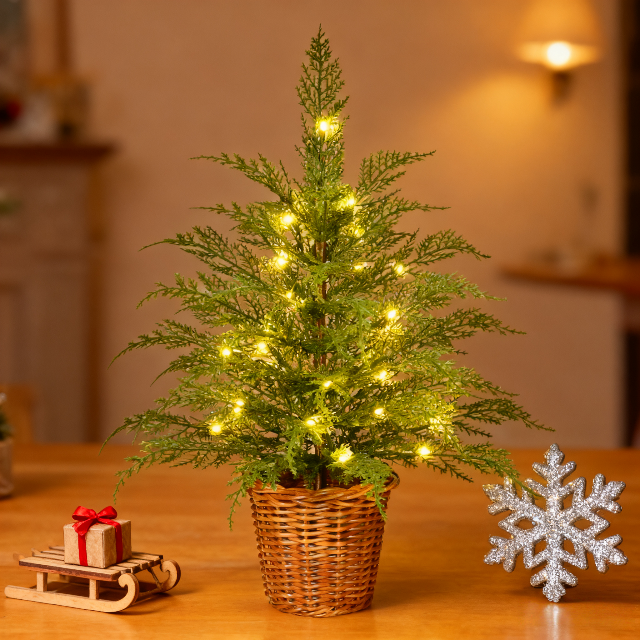 Pre-Lit Green Cypress Artificial Christmas Tree With Woven Basket And Timer