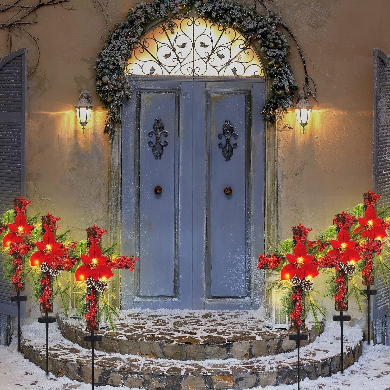 Christmas Waterproof Cross Solar Stake Decoration with Holiday Greenery & Poinsettia &  Berries