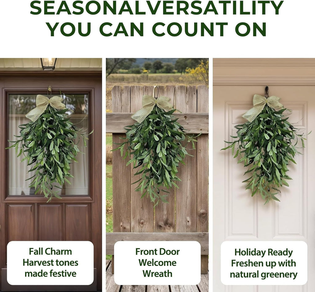 Artificial Olive Swag with Greenery Leaves and Burlap Bow