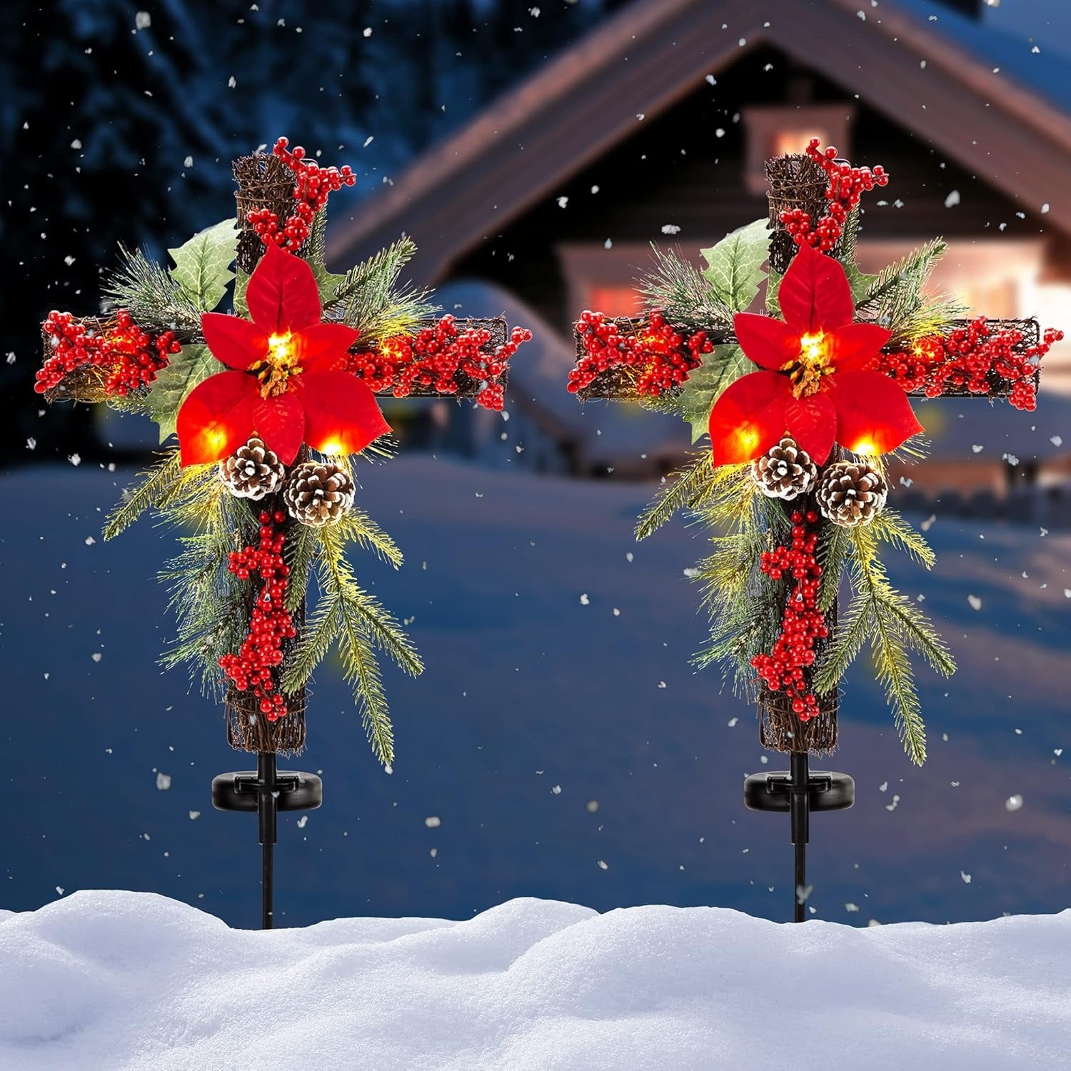 Christmas Waterproof Cross Solar Stake Decoration with Holiday Greenery & Poinsettia &  Berries