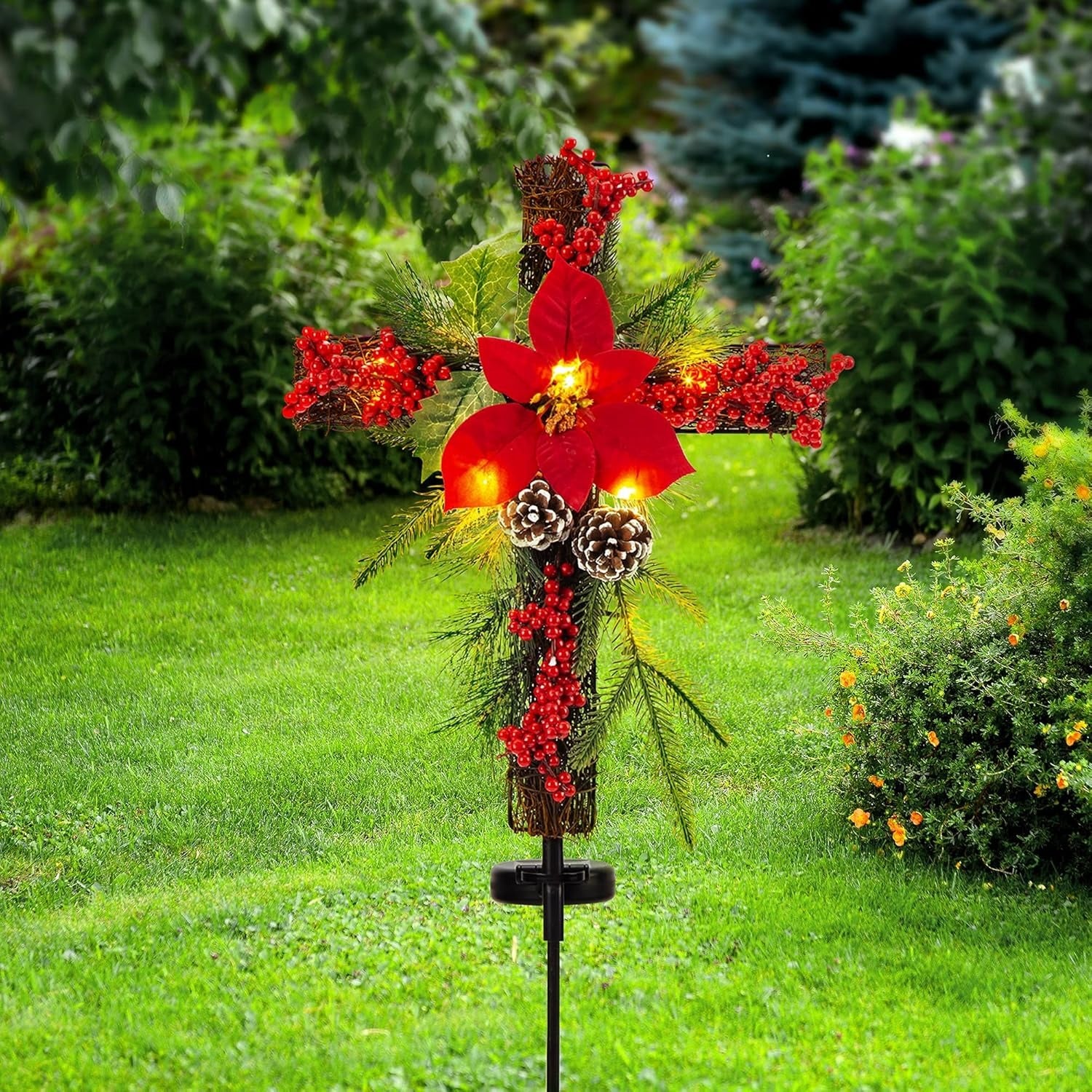Christmas Waterproof Cross Solar Stake Decoration with Holiday Greenery & Poinsettia &  Berries