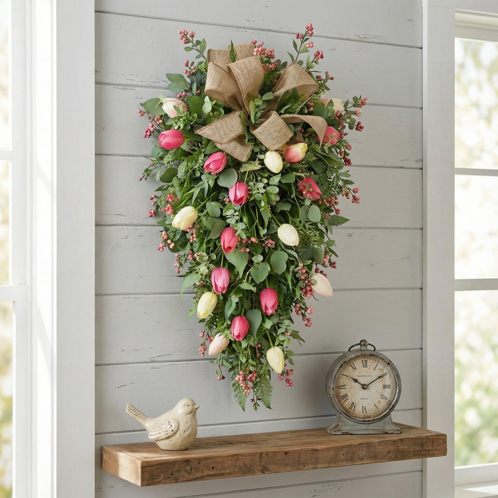 Artificial Tulip Door Swag with Greenery Leaves and Burlap Bow