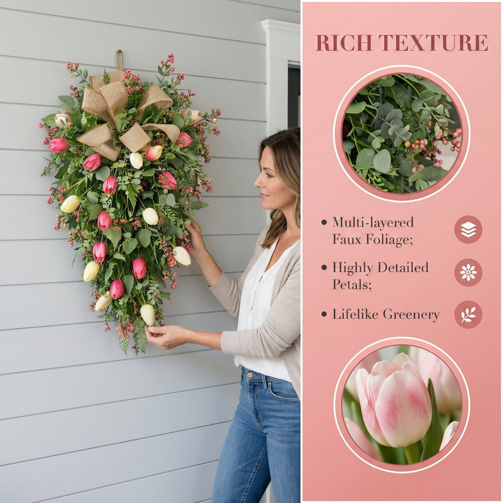 Artificial Tulip Door Swag with Greenery Leaves and Burlap Bow